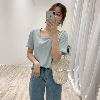 Square Collar Plain Short-sleeved Top