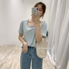 Square Collar Plain Short-sleeved Top