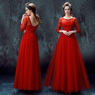 Applique Open-back Tie-up Evening Gown