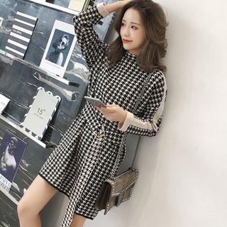 Houndstooth Mock Neck Knit Dress With Belt