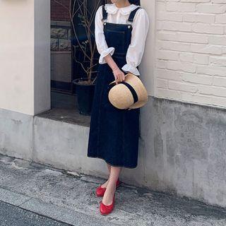Pocket-detail Denim Suspender Dress Dark Blue - One Size