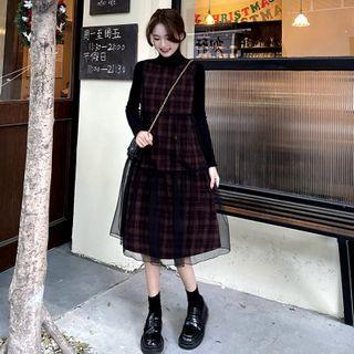Plaid Mesh Overall Dress Black - One Size