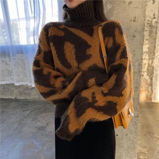Turtleneck Leopard Print Sweater As Shown In Figure - One Size