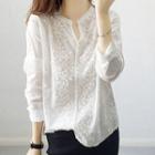 Long-sleeve V-neck Perforated Embroidered Blouse