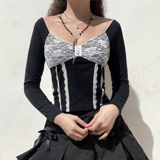 Long Sleeve Lace Paneled T-shirt