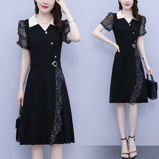 Short-sleeve Collar Mesh Panel A-line Dress