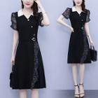 Short-sleeve Collar Mesh Panel A-line Dress