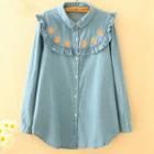 Strawberry Embroidered Ruffle Denim Shirt As Shown In Figure - One Size