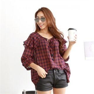 Collared 3/4-sleeve Tie-front Plaid Top