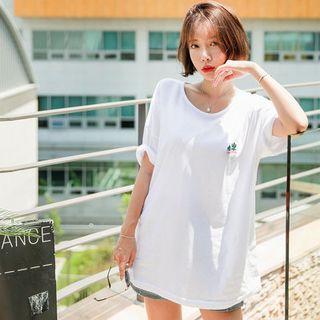 Drop-shoulder Embroidered Cactus T-shirt