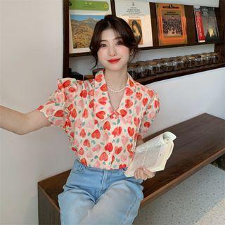 Puff-sleeve Heart Print Shirt Orange Red Heart - Beige - One Size