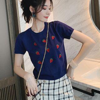 Strawberry Embroidered Short-sleeve Knit Crop Top
