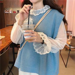 Long-sleeve Lace Panel Mesh Top / Knit Vest