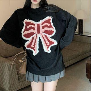 Ribbon Print Sweater Black - One Size