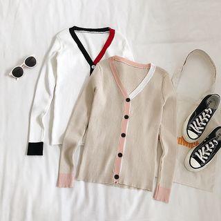 Color Block Long-sleeve V-neck Knit Cardigan