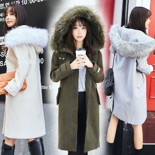 Wool Blend Furry-trim Hooded Buttoned Coat