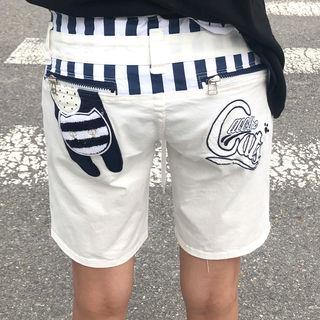 Drawcord-waist Cat Appliqu  Shorts