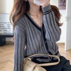 Contrast Trim Cardigan / Straight-fit Pants