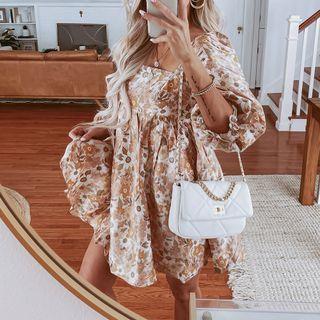 Floral Print Puff Sleeve Square Neck Mini Dress