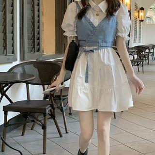 Puff-sleeve Mini Collared Dress / Denim Camisole