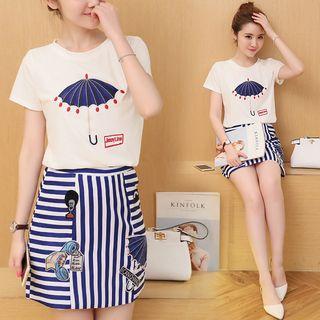 Set: Short-sleeve Printed T-shirt + Striped Pencil Skirt