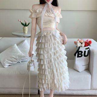 Off-shoulder Plain Top / Mesh Midi Skirt