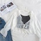 Plain Mesh Lace-up Ruffled-trim Long-sleeve Light Jacket