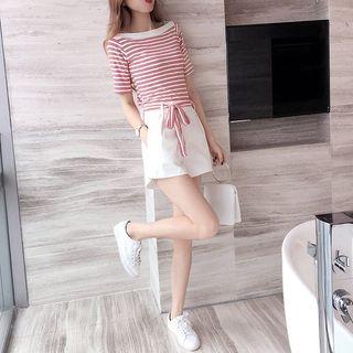 Set: Striped Short-sleeve T-shirt + Lace Up High-waist Shorts