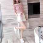Set: Striped Short-sleeve T-shirt + Lace Up High-waist Shorts