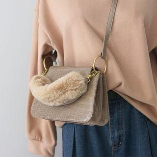 Faux Leather Croc Grain Furry Handle Crossbody Bag
