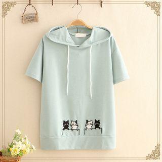 Cat Embroidered Short-sleeve Hooded Top