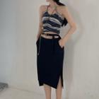 Halter-neck Striped Cropped Camisole Top / Cardigan / Midi Pencil Skirt
