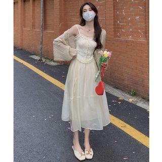 Lace Camisole Top / Midi A-line Skirt / Plain Cardigan