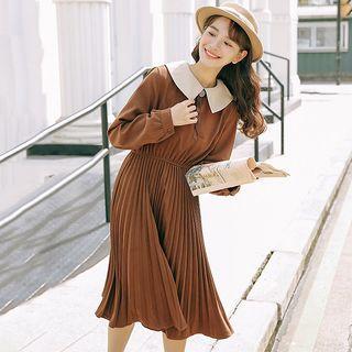 Long-sleeve Collared Midi A-line Pleated Dress