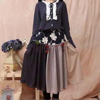 Frilled Embroidered Panel Long Skirt