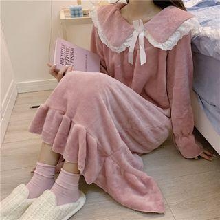 Oversized Lace Trim Bow Long-sleeve Sleep Dress Pink - One Size