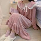 Oversized Lace Trim Bow Long-sleeve Sleep Dress Pink - One Size