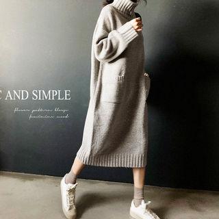 Turtleneck Dual-pocket Midi Knit Dress