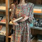 Floral Long-sleeve Midi A-line Dress Floral Dress - One Size
