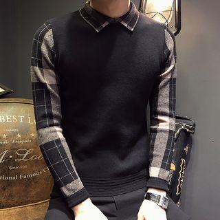 Plaid Sleeve Collared Knit Top