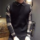 Plaid Sleeve Collared Knit Top