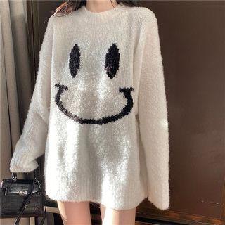 Smiley Face Print Distressed Sweater White - One Size