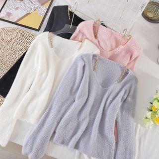 V-neck Plain Chain Knit Top