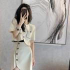 Set: Short-sleeve Contrast Trim Blazer + Asymmetrical A-line Skirt