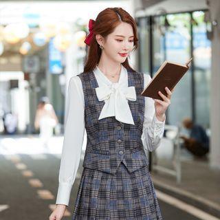 Long-sleeve Tie-neck Blouse / Plaid Mini Pleated Skirt / Vest