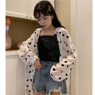 Sleeveless Sequined Paneled Top / Long-sleeve Heart Patterned Shirt