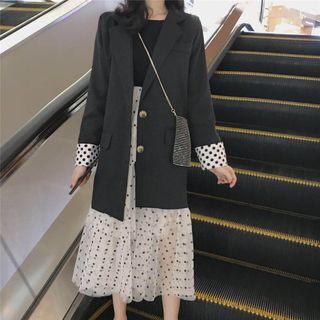 Polka Dot Panel Blazer / High-waist Polka Dot Layered Pleated Skirt