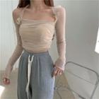 Mesh Cutout Long-sleeve Cropped Top Almond - One Size