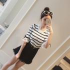 Elbow-sleeve Stripe Bow-detail Knit Top