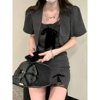 Spaghetti-strap Lace Trim Mini Sheath Dress / Elbow-sleeve Blazer